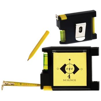 Multi-Function Tape Measure - 10' Retractable Steel Tape With Push Button Locking Mechanism | Notepad/Pen | Level | Metric/Inch Scale | Belt Clip