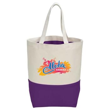 10 oz. Cotton Color Pop Tote - CLOSEOUT! Please call to confirm inventory available prior to placing your order!<br />This cotton tote offers the natural feel of cotton with a added fun pop of color! 10 oz. cotton body is accented with a color pop panel which runs along the bottom of the bag. The color pop continues in the open main compartment which has a matching PVC lining. This lining is easy to clean and perfect for wet clothing or towels. This tote features a bottom board and 7" carry handles.