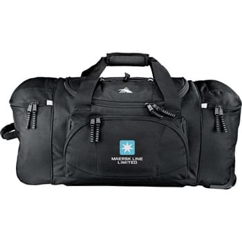 High Sierra® 26" Wheeled Duffel - Large main compartment with U-shaped zippered opening. Zippered front accessory pocket. Two top-loading end compartments. Inline skate wheels with corner protectors. Extendable, locking telescoping handle.