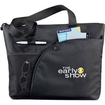 Excel Sport Utility Business Tote - Great for tradeshows, conventions, and business meetings. Zippered main compartment. Zippered front pocket. Front mesh pocket. Pen loops. Rear ID window. Open back pocket. 12" handle drop height.