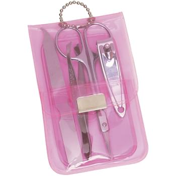 Vinyl Manicure Set - Kit Includes: Scissors, Nail Clipper, Nail File And Tweezers | Bead Chain Attachment