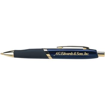 Commonwealth - Our Commonwealth is a substantial push retractable ballpoint pen with a tremendous imprint area for your logo. A scooped rubber grip ensures effortless writing. Gold/Silver accents and black ink cartridge only. Each pen comes individually cellophaned. 