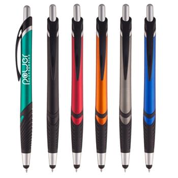 Metallic Universal Stylus Pen - CLOSEOUT! Please call to confirm inventory available prior to placing your order!<br />Plunger Action | Push Down To Use Pen And Retract To Use Stylus | Rubber Grip For Writing Comfort And Control