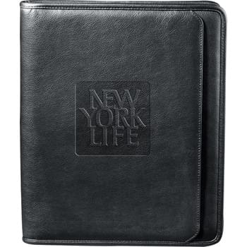 Manhattan Zippered Padfolio - Zippered closure. Interior organizer with gusseted file pocket and business card pockets. Pen loop. Includes 8.5" x 11" writing pad.  Includes 1-piece gift box.
