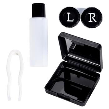 Contact Lens Kit With Mirror - CLOSEOUT! Please call to confirm inventory available prior to placing your order!<br />Kit Includes Dual Lens Holder Box, Tweezers, Solution Bottle and Built-In Mirror | Convenient Travel Size