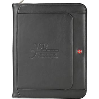 Wenger® Executive Leather Zippered Padfolio - Zippered closure. Front pocket. Snap-back USB memory flash drive pocket, gusseted documents pocket, clear ID window, Wenger®  Swiss Army Knife & pen pocket, business card pockets, storage pocket with Velcro closure, and 3 elastic storage loops for USB  memory flash drives, pens or Wenger® Swiss Army knives. Includes 8.5" x 11" Wenger® writing pad. Signature Wenger® lining. Includes 1-piece Wenger® gift box. Refills available www.leedsworldrefill.com  Refills item number 9391-01RF