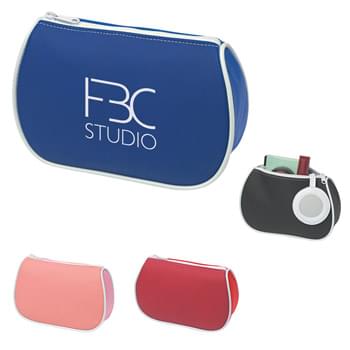 Amenities Bag With Mirror - CLOSEOUT! Please call to confirm inventory available prior to placing your order!<br />Great For Travel Or Everyday | Zippered Closure | A Great Size For All Your Needs | Attached Mirror | Made Of Combination Of Suede-Look Vinyl Front With Microfiber Back And Gusset
