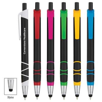 Ribbon Stylus Pen - CLOSEOUT! Please call to confirm inventory available prior to placing your order!<br />Plunger Action   | Push Down To Use Pen And Retract To Use Stylus  | Rubber Grip For Writing Comfort And Control