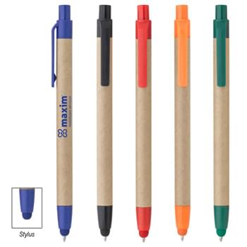 Burma Stylus Pen - CLOSEOUT! Please call to confirm inventory available prior to placing your order!<br />Plunger Action   | Paper Barrel   | Push Down To Use Pen And Retract To Use Stylus