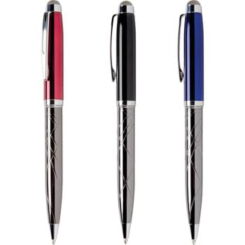 Guillox 9 Stylus - Executive twist retractable ballpoint with stylus. Fine etching in the traditional "Guilloche" pattern. High gloss enamel with gunmetal barrel. 