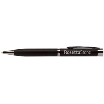 Amesbury Black - Sleek contemporary twist action executive pen in matte black with shining silver accents and engraving. Available with a full color photo dome (for an additional $1.50/each (A))or a sculpted metal cap. Supersmooth writing black ink.  Cambridge Collection lifetime guarantee.