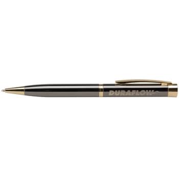 Amesbury Gunmetal - Sleek contemporary twist action executive pen in high gloss gunmetal with 24 karat gold-plated accents and engraving. Available with a full color photo dome (for an additional $1.50/each (A))or a sculpted metal cap. Supersmooth writing black ink.  Cambridge Collection lifetime guarantee.