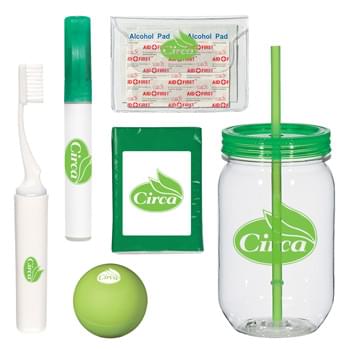 Travel Comfort Kit - Kit Contains: #5843 Mason Jar, #9010 Tissue Packet, #9442 Travel Tooth Brush, #9436 First Aid Pouch, #9058 Hand Sanitizer Spray and #9282 Lip Moisturizer Ball.  | Pricing Includes a 1 Color Imprint in 1 Location on Each Item (Tissue Packet and Hand Sanitizer Include 4-Color Process Label)
