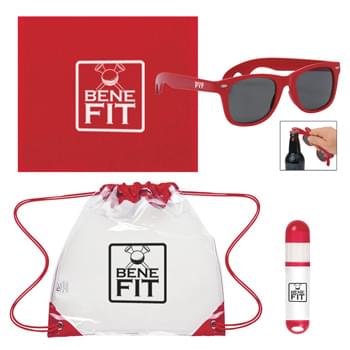 Stadium Survival Kit - Kit Includes #3606 Touchdown Clear Drawstring Backpack, #9068 Lip Balm And Sunstick, #6213 Bottle Opener Malibu Sunglasses and #6080 Rally Towel. | Pricing Includes a 1 Color Imprint in 1 Location on Each Item (Lip Balm and Sunstick include 4-Color Process Label)