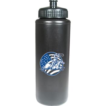 32-oz. Sports Bottle - 32-ounce sports bottle comes in an array of fun colors and your choice of lid: push-pull, super sipper or straw with tethered-tip.  Must specify bottle color as well as lid type & color.  Lid and bottle colors may vary/may not match.  Contrasting colors recommended. Made in USA. BPA-Free.