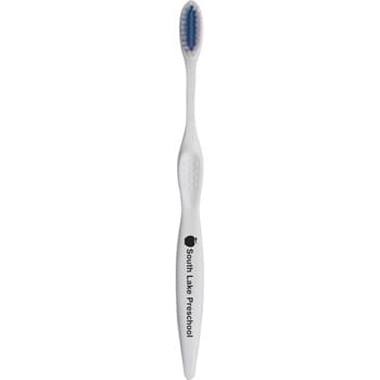 Concept Curve (Bristles) Toothbrush - High-quality, clear-bodied, adult-size toothbrush with soft bristles.  White body with assorted color bristles. Available with a one color Black, Gold, or Silver imprint. Made in USA.