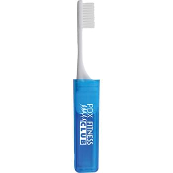 Travel Toothbrush - Top of toothbrush stores inside handle for easy travel. White toothbrush with assorted color handles. Available with a one color Black, Gold, or Silver imprint. Made in USA.