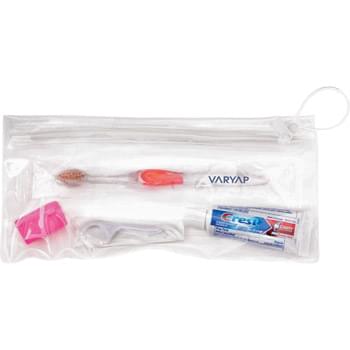 Teen Wellness Kit - Wellness Kit packed in a clear resealable zipper pouch with business card pocket on back.  Kit contents include: 1 Teen Accent toothbrush, floss sticks, matching toothbrush travel cap, and 1 tube of Crest travel toothpaste. Optional 1-color decoration also available on pouch in Black, Blue, Red or Green imprint. Toothbrush Made in USA. FOB ZIP: WI, 54703