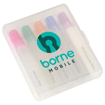 Outdoor Wellness Set - Outdoor wellness set includes 0.33-oz. pen spray bottles of: Hand Sanitizer, SPF30 Sunscreen, After Burn Spray, Insect Repellent & After Bite Spray. All components packed inside sturdy travel case. Imprint available on outer case only. Meets FDA requireme