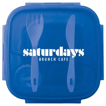 Salad To Go Container - Set includes removable compartment tray that holds a dressing container and nests neatly on top of the container. Fork and knife included on the inside of the lid. FDA Compliant. BPA free. Microwave and dishwasher safe.