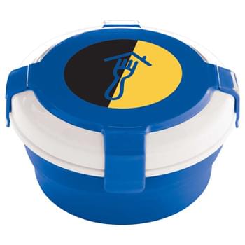 Collapsible Silicone Lunch Set - Round collapsible silicone lunch container includes multi compartment tray with plastic fork, knife and spoon.  Compact and easy to store.  FDA compliant. BPA free. Microwave and dishwasher safe.