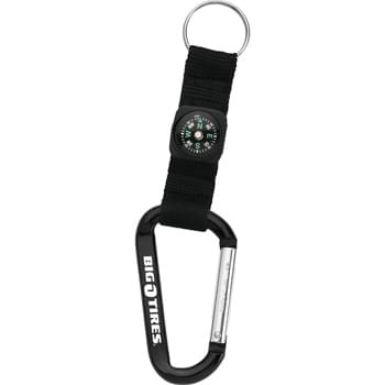 Carabiner with Compass - CLOSEOUT! Please call to confirm inventory available prior to placing your order!<br />8mm carabiner. Woven nylon strap with compass. Metal split key ring.