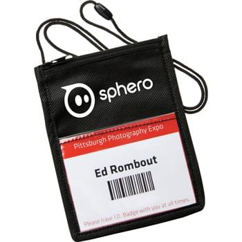 The Identity Badge Holder - Large main zippered-top pocket. Clear PVC pocket on each side for badge/ID display. Elastic pen loop on front. Break-away lanyard. Front window size: 3-3/4" H x 4" W.  Back window size: 2-3/4" H x 4" W.