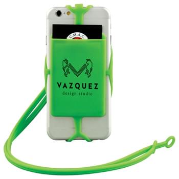 Silicone RFID Card Holder with Lanyard - This silicone holder wraps around the corners of most phones even with cases on. Perfect to put your ID cards, room keys, cash or credit cards inside. The additional RFID protector function will protect valuable information stored on RFID chips of credit 