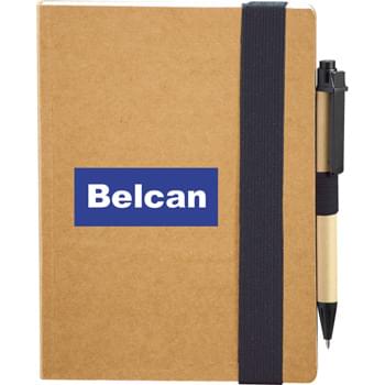 The Eco Perfect Bound Notebook & Pen - Matching recycled ballpoint pen with black accents.  Secure elastic closure and elastic pen loop.  100 ruled page notebook with page ribbon.
