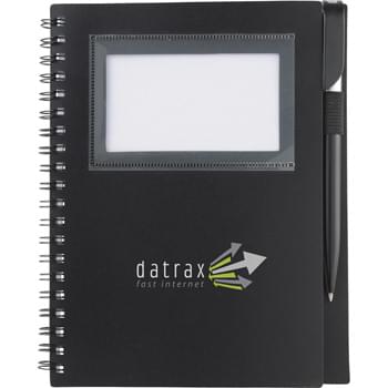 The Star Spiral Notebook - Spiral notebook with ID/card slot and matching ballpoint pen. Front cover has clear window for card placement. Twist-action ballpoint pen with elastic pen loop. Includes 70 ruled pages. Window area holds cards or photos: 2-1/4"H x 3-1/2"W.