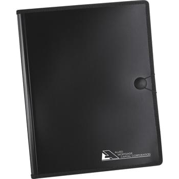 Plastic Portfolio - Translucent cover with black trim and elastic closure. Includes refillable, 30 ruled page notepad. Interior pen loop and clear file divider with 2 business card slots and 2 CD pockets.