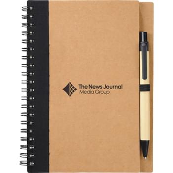 The Eco Spiral Notebook & Pen - Spiral notebook with matching ballpoint pen. Includes 60 ruled pages and matching color elastic pen loop.