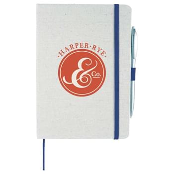 Luna Canvas Notebook - CLOSEOUT! Please call to confirm inventory available prior to placing your order!<br />Bound notebook with coloured elastic closure and ribbon. Includes an elastic pen loop and 80 sheets of cream, ruled pages.