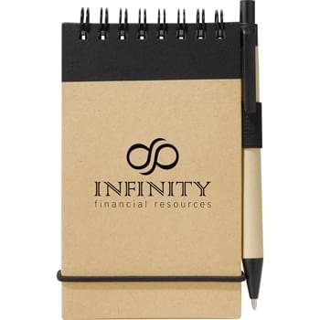 The Recycled Jotter & Pen - Jotter features recycled cover. Includes matching recycled barrel ballpoint pen. Elastic band closure and pen loop. 60 ruled pages.