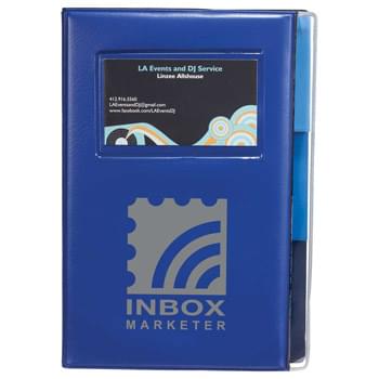 Tasker Notebook - CLOSEOUT! Please call to confirm inventory available prior to placing your order!<br />Bound notebook with business card ID window on the front cover. Includes 120 sheets of white, ruled pages with 3 colored dividers.