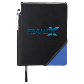 Ace Notebook with Pen-Stylus - Bound notebook with elastic closure on the corner. Includes a plastic pen-stylus and 80 ruled pages. Pen imprint not available. Pens packed separately.