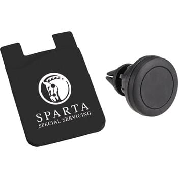 Magnetic Phone Mount w/ Silicone Wallet - CLOSEOUT! Please call to confirm inventory available prior to placing your order!<br />Great combo includes silicone phone wallet and vent mount. Magnetic plate is planted into the silicone wallet to magnetically connect with the mount that clips into air vent of a car. Phone wallet is perfect to hold cash or credit cards, etc.