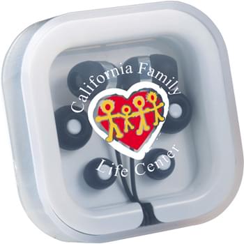 Color Pop Earbuds with Microphone - Deluxe earbud set includes a built-in cable microphone that allows you to go hands free with your media device. Easily answer or end a call with single button on the microphone. Set also provides three interchangeable soft rubber earbud covers. Plastic case with cable storage. Standard 3.5mm audio jack.