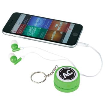 Orbit Ear Bud Wrap Key Tag - CLOSEOUT! Please call to confirm inventory available prior to placing your order!<br />Use with any standard audio device. Silicone case as earbuds storage and microcloth screen cleaner for touchscreen devices. 3.5 mm audio jack and 43-inch earbuds cable.