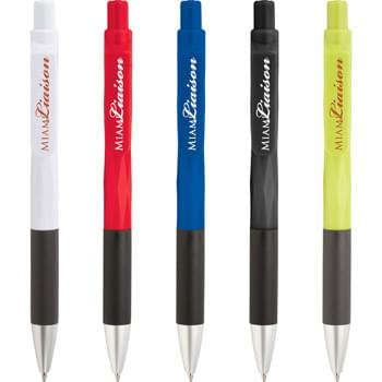 The Geo Pen - CLOSEOUT! Please call to confirm inventory available prior to placing your order!<br />Retractable ballpoint pen with geometric shaped barrel and rubber grip.