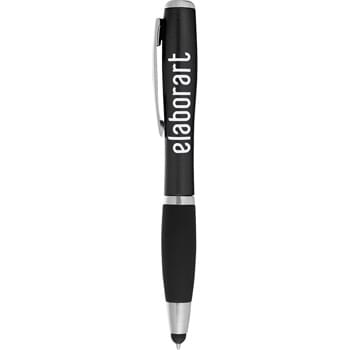 Nash Pen-Stylus & Light - Twist-action ballpoint pen with soft rubber stylus for touch-screen devices. Single white LED located at the end of the barrel.  Use slide button to turn light on and off.