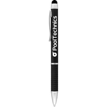 The Iris Multi-Ink Pen-Stylus - Twist-action ballpoint pen. Twist grip to choose between the 2 ink color options: Black or Blue.  Includes soft rubber stylus for touchscreen devices.