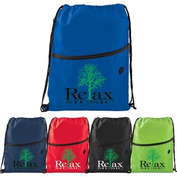 Insulated Zippered Drawstring Sportspack - Open insulated main compartment with drawstring closure, perfect for any event! Front zippered slash pocket with ear bud port.