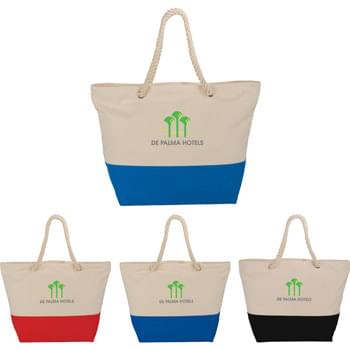 12 oz. Zippered Cotton Rope Tote - Coming Soon! Large zippered main compartment. Soft cotton rope handles. Color accent on bottom band. 22" handles.