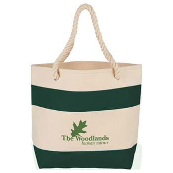 16 oz. Cotton Rope Handle Tote - Open main cotton compartment. 10' rope handles. Colored stripe accent.