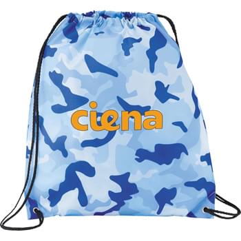 Camo Oriole Drawstring Cinch Backpack - Open main compartment with drawstring rope closure features different color camo prints. Reinforced bottom corner tabs.