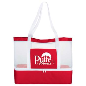 Mesh Outdoor Cooler Tote - Open mesh main compartment with Velcro closure. Large front pocket. Double 30" handles. Zippered insulated drop bottom to keep beverages and food cold.