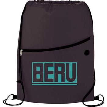 The Sidekick Drawstring Cinch Backpack - Open main compartment with drawstring rope closure. Zippered front pocket with earbud port. Reinforced corner tabs.