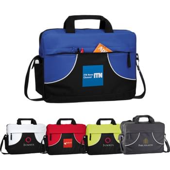 Quill Meeting Briefcase - CLOSEOUT! Please call to confirm inventory available prior to placing your order!<br />Zippered main compartment. Zippered front pocket. Velcro side pocket. Double 11-1/4" top carry handles. Adjustable shoulder strap.