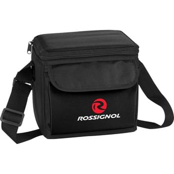 6-Can Cooler Bag - PEVA insulation. Zippered main compartment. Front gusseted pocket with Velcro closure. Inside mesh pocket with Velcro closure and clear ID window. Adjustable shoulder strap.